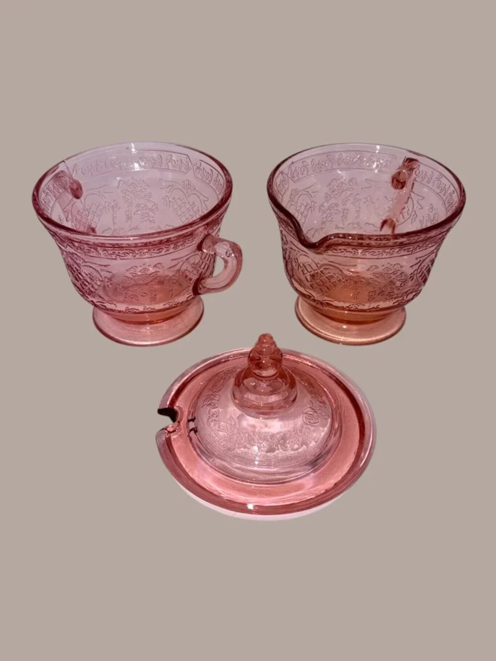 Federal Glass Sharon Cabbage Rose Pink Depression Glass Sugar Creamer Set c1930s